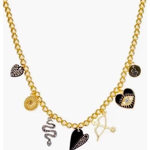 NWT Vera Wang  Goldtone Beaded Charm Necklace - Snakes Hearts Bow & Arrow, eyes